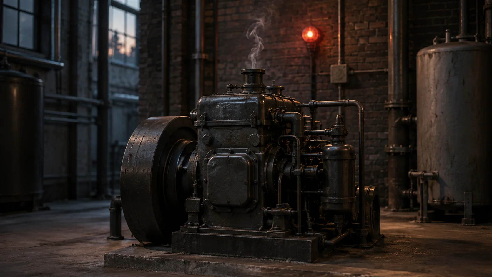 A stopped engine in a plant room with one thin wisp of smoke rising, a red lamp glowing on the wall behind it.