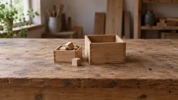 Two small wooden storage boxes of different sizes stand together on a quiet workbench.