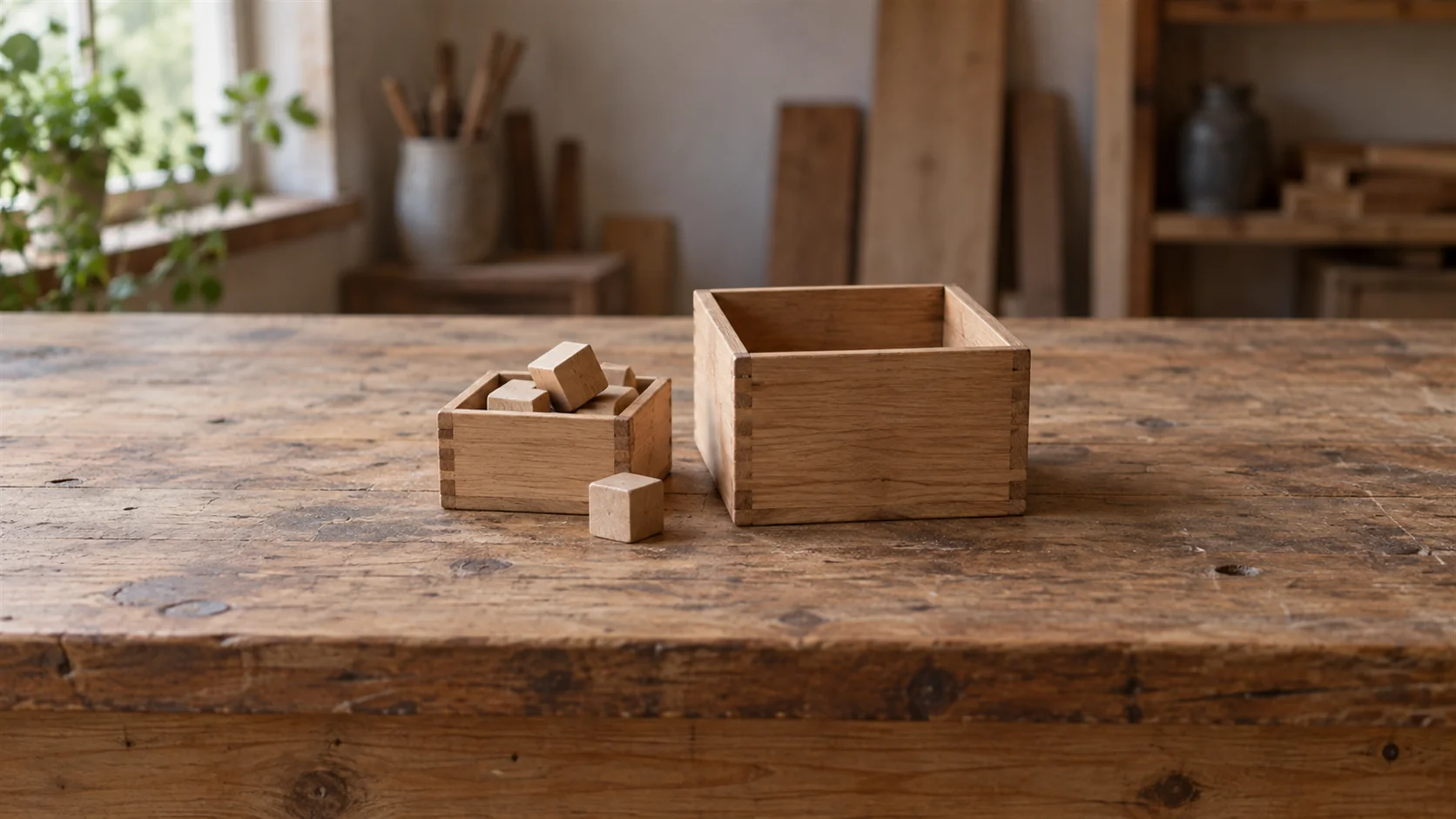 Two small wooden storage boxes of different sizes stand together on a quiet workbench.