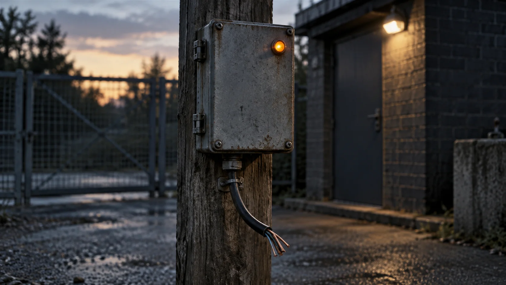 A field telephone mounted on a wooden post at the edge of an empty field at dusk, its cable cut and hanging loose in the grass.