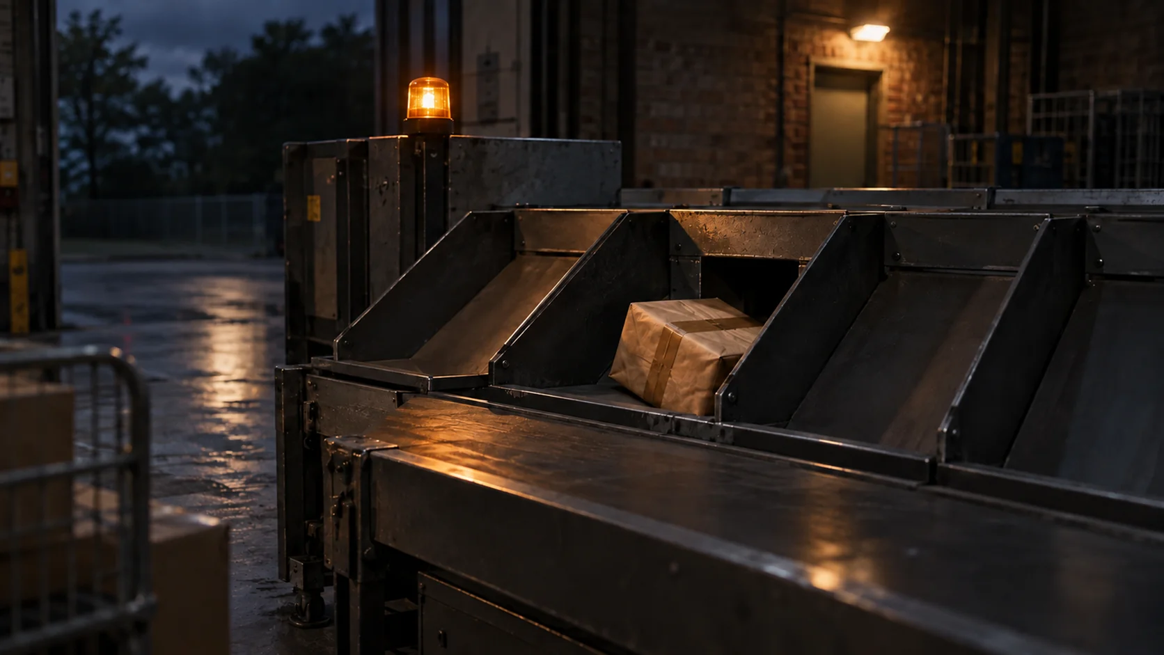 A parcel sorting table where one wrapped package has been set down in the wrong chute mouth.