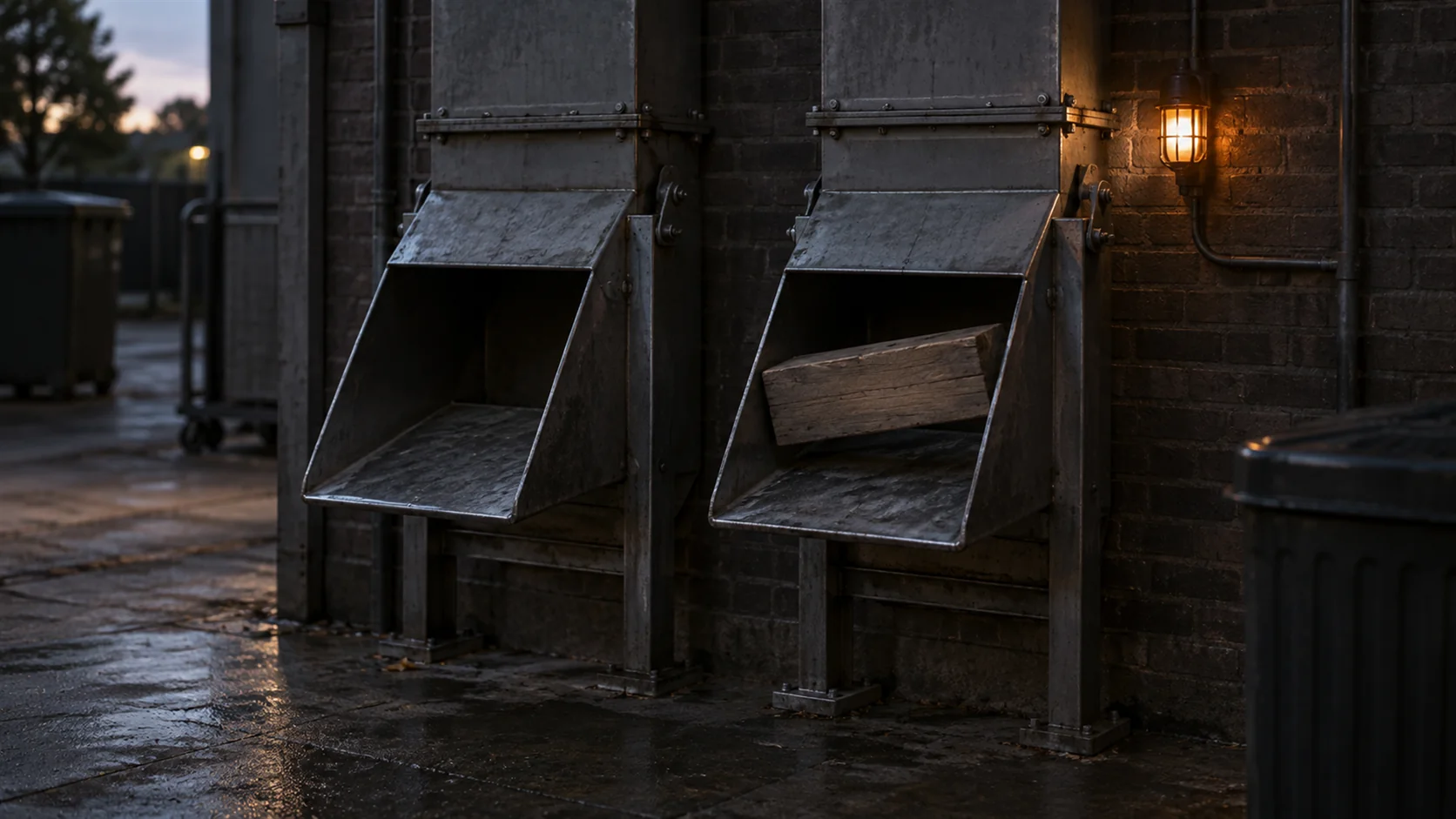 Two identical metal chutes side by side, one blocked with a wooden wedge jammed across its opening.