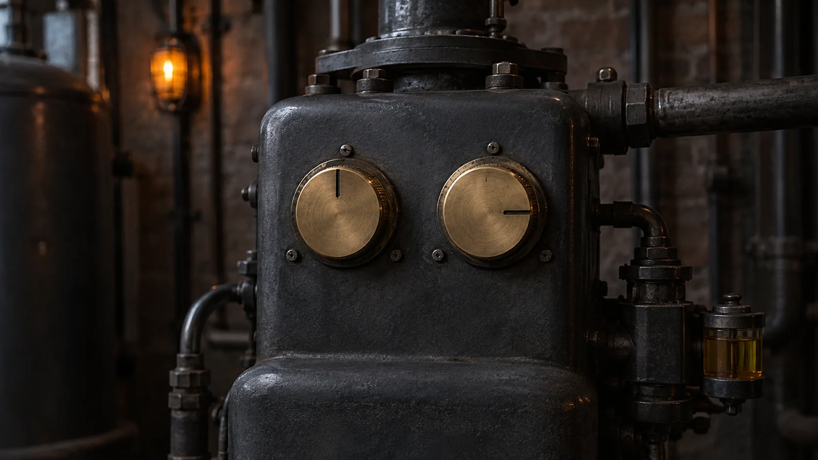 A machine with two brass setting dials that disagree, one turned to a mark the other does not share.