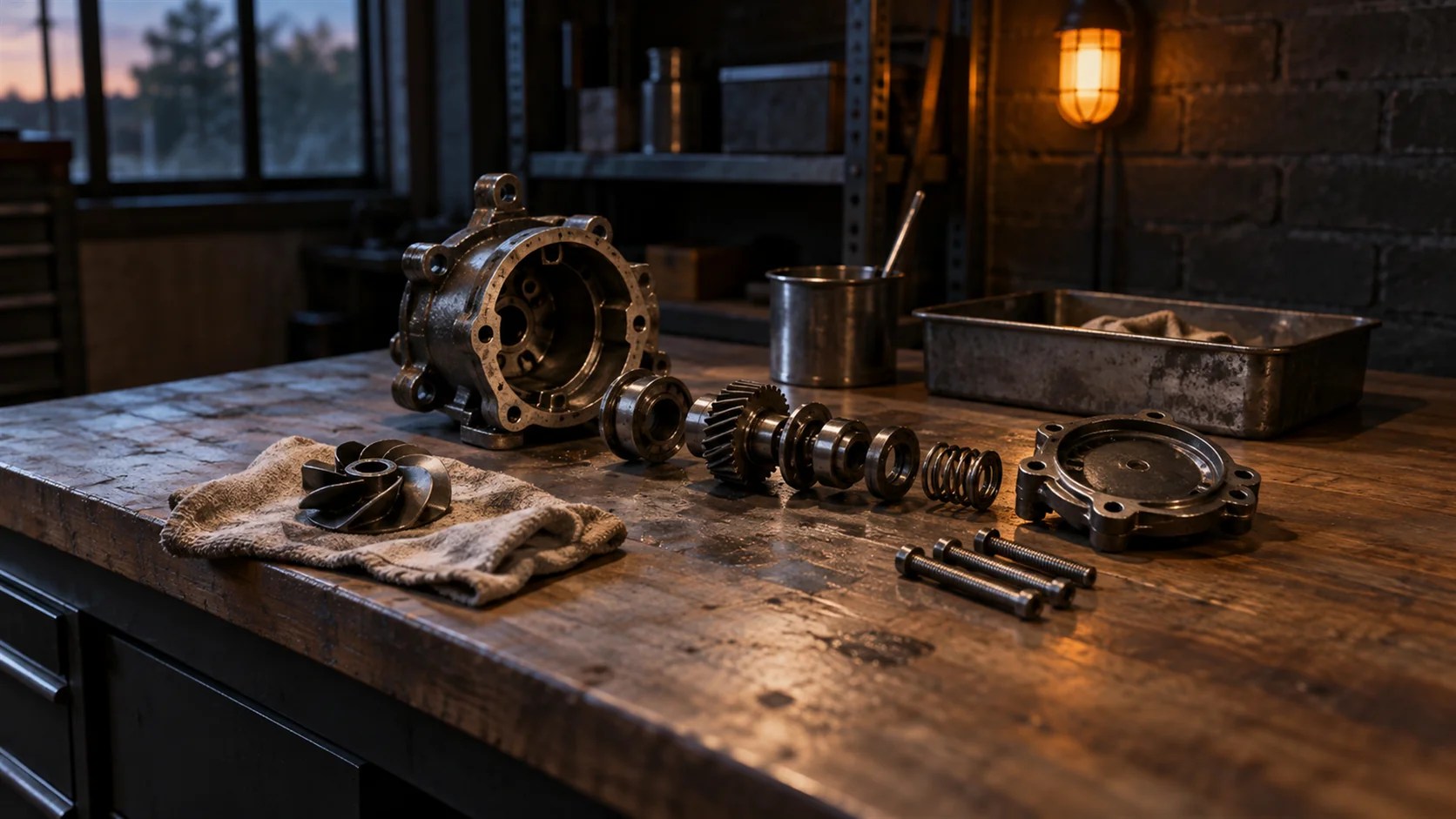 A workshop bench with a dismantled mechanism laid out in order and one part set aside on a cloth.