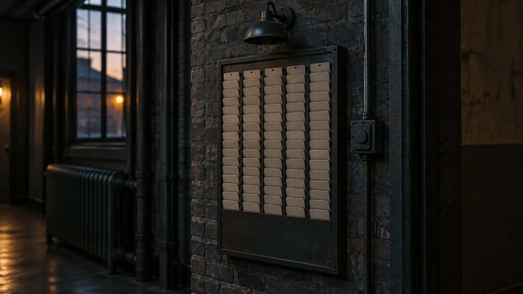 A duty board of slotted cards in a corridor, every slot filled and the lamp above it off.