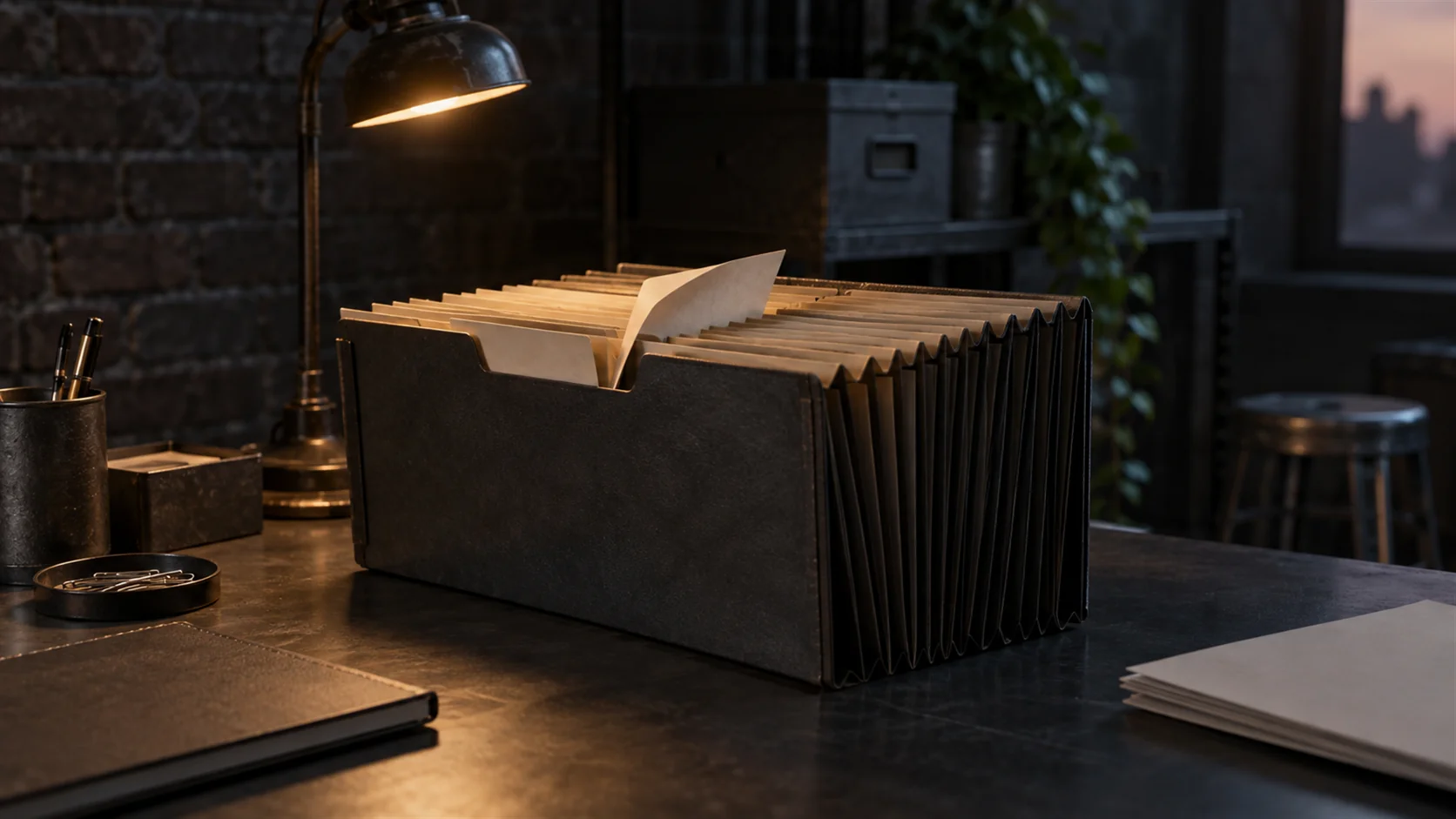 A concertina file of folded papers on a desk with one sheet folded the wrong way so the file cannot close.