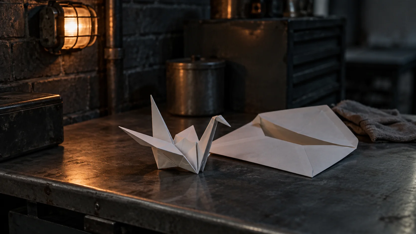 A single sheet of paper folded into a shape that no longer fits the envelope lying beside it.