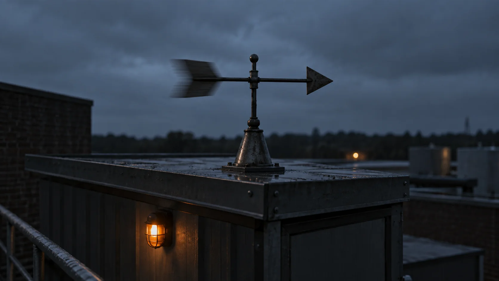 A weather vane on a barn roof caught mid-spin with motion blur, against a flat grey sky.