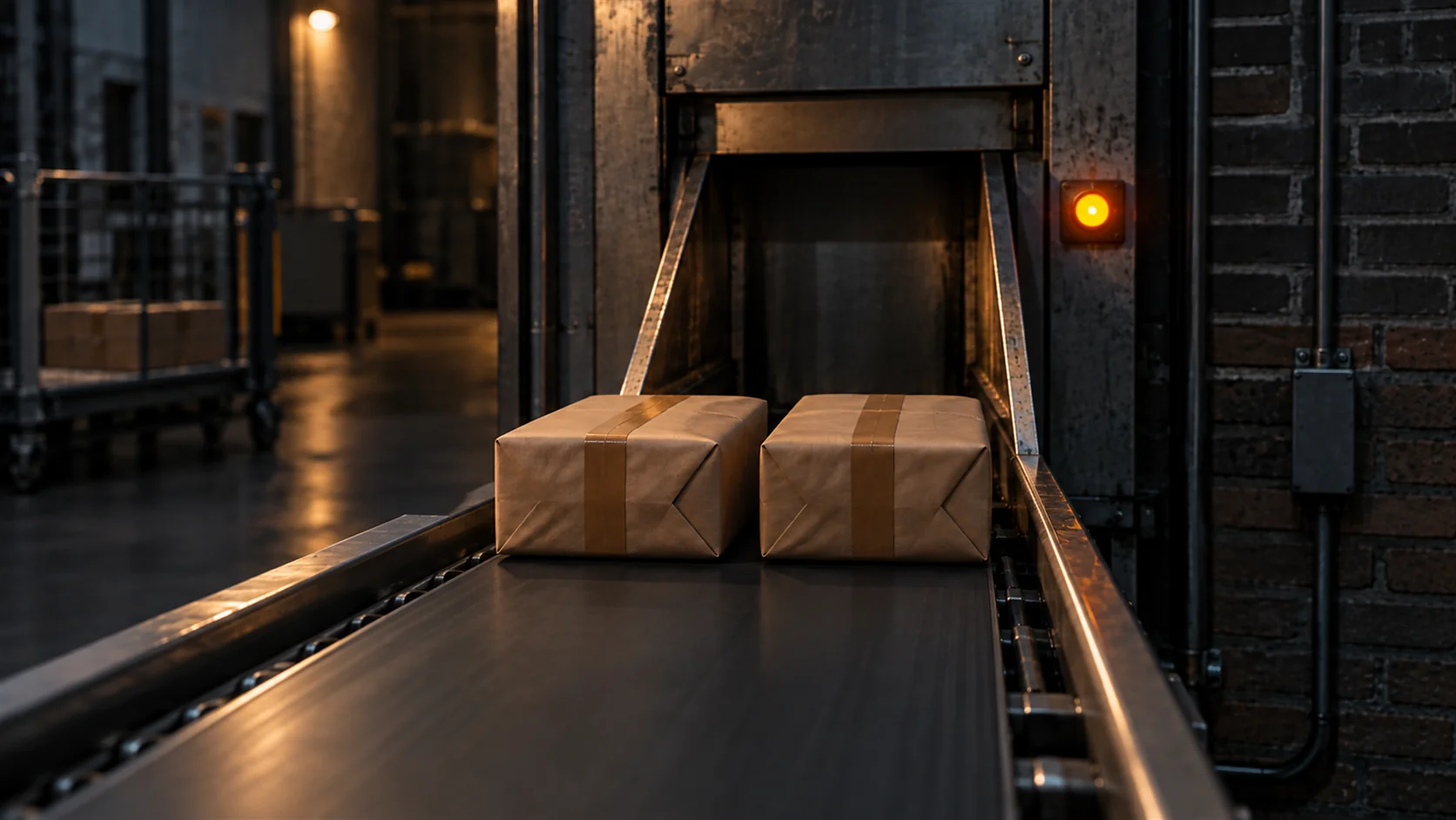 Two identical wrapped parcels arriving side by side at a single narrow chute on a conveyor.