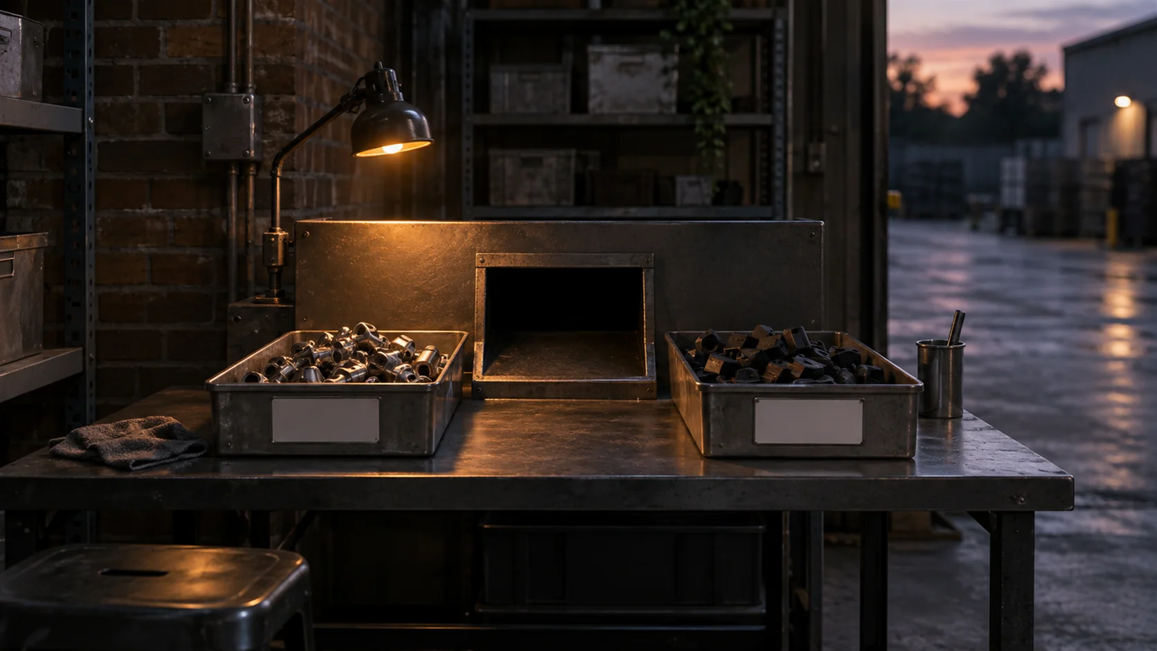 A sorting bench with one slot and two labelled trays waiting in front of it, both full.