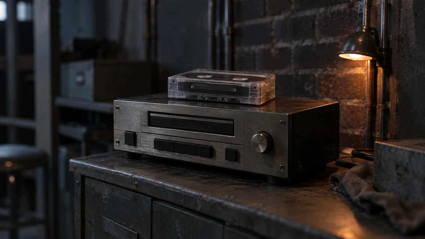 A newer tape cartridge resting on the lid of an older tape deck whose loading slot is visibly too narrow for it.