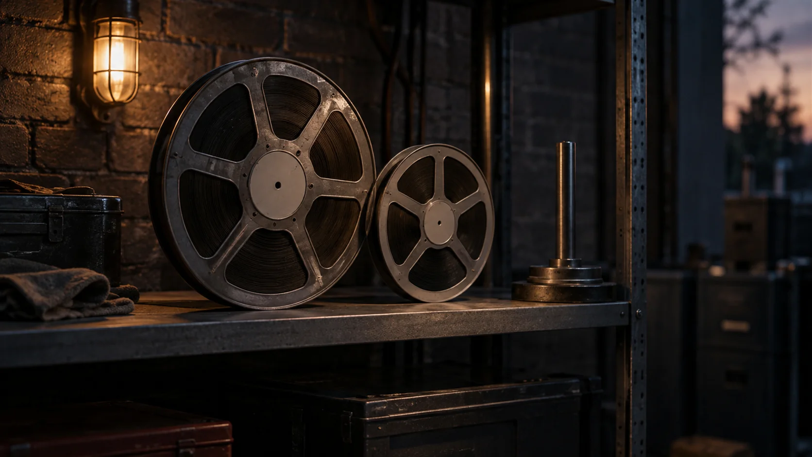 Two reels of different diameters side by side on a shelf, only one of which fits the spindle beside them.