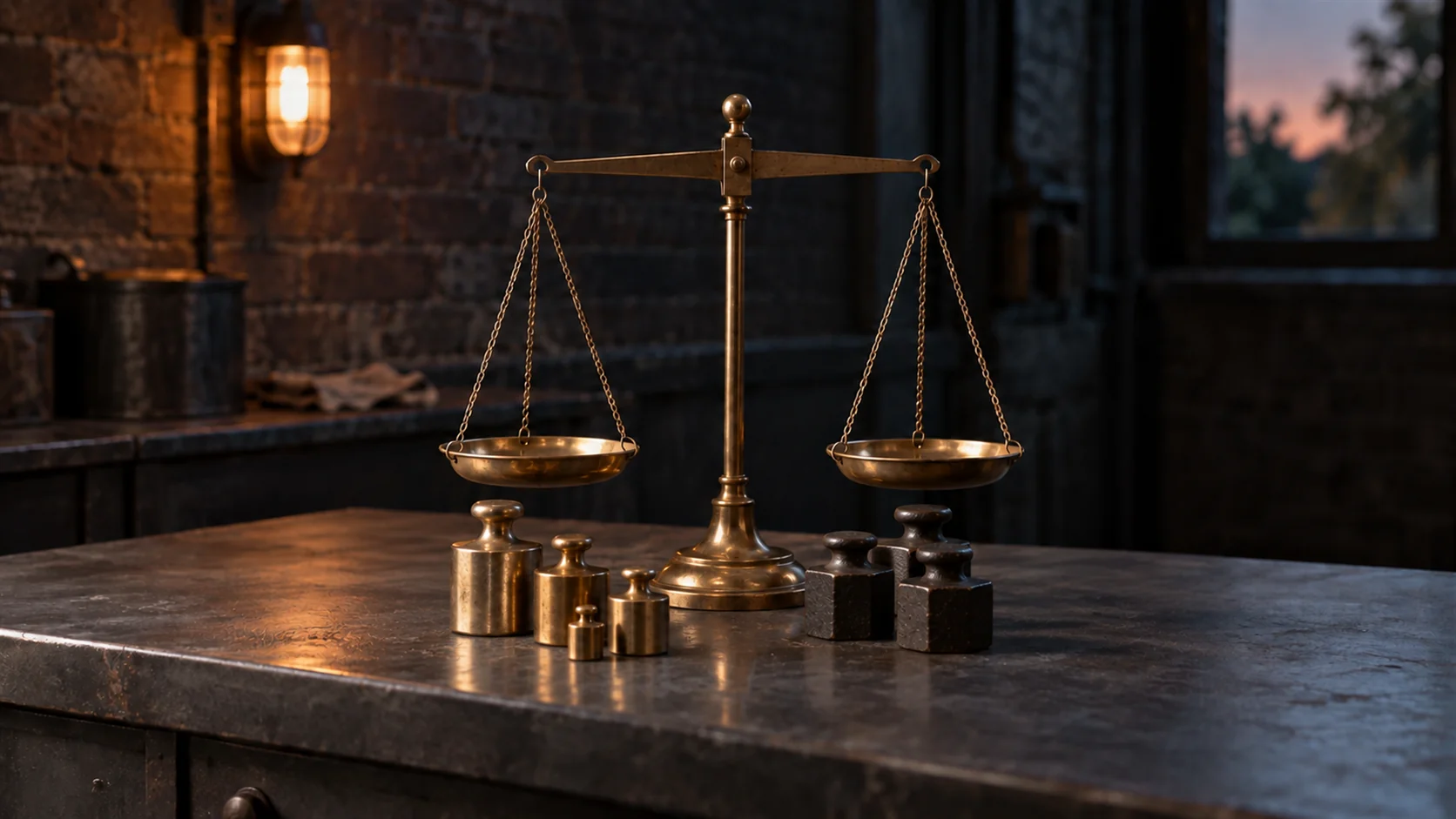 A brass balance scale on a counter with two different sets of weights beside it, only one set matching the pans.