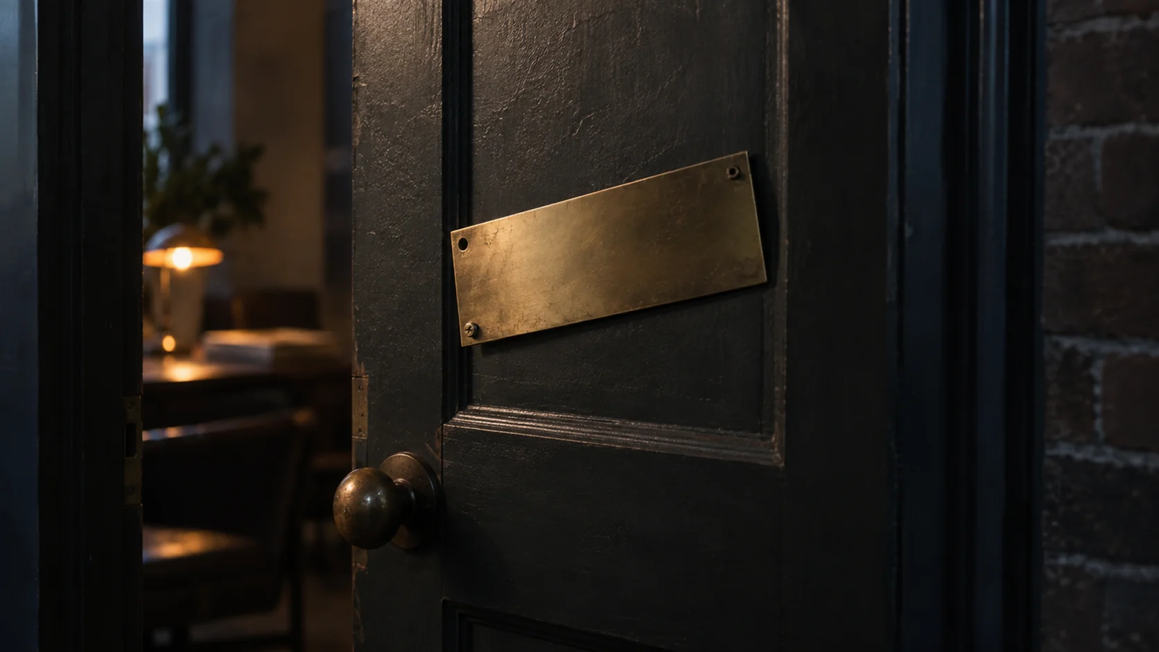 A brass nameplate on an office door, unscrewed at one corner and hanging crooked.