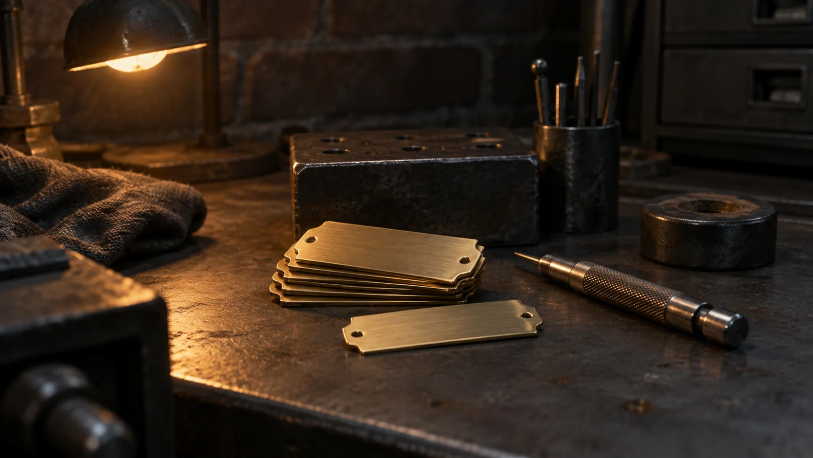 A short stack of blank brass nameplates and a small engraving tool on a workshop bench.