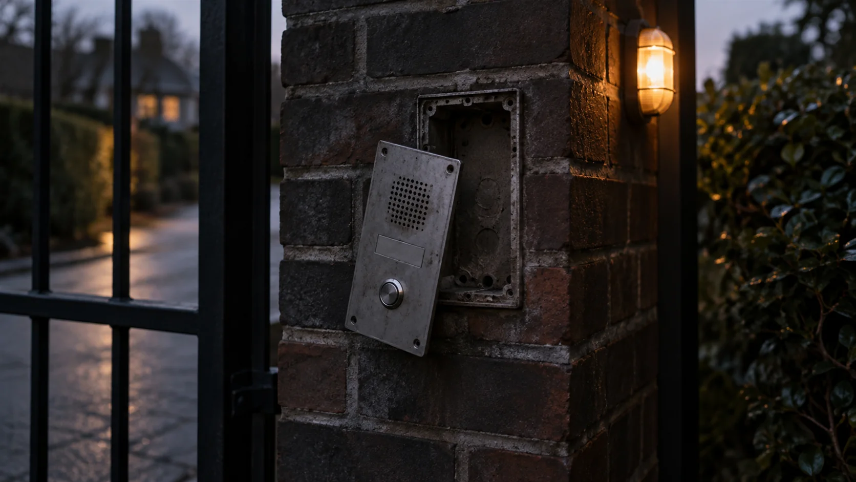 A gate intercom panel on a brick pillar with its faceplate hanging open and no wiring behind it.