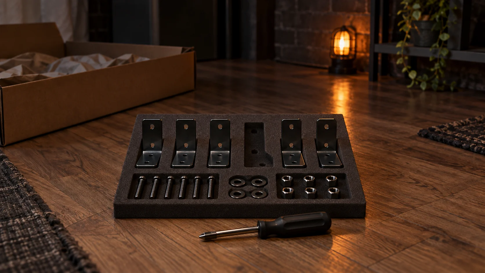 A flat-pack assembly laid out on a wooden floor in a neat row, with one bracket missing from the line and an empty outline where it should be.