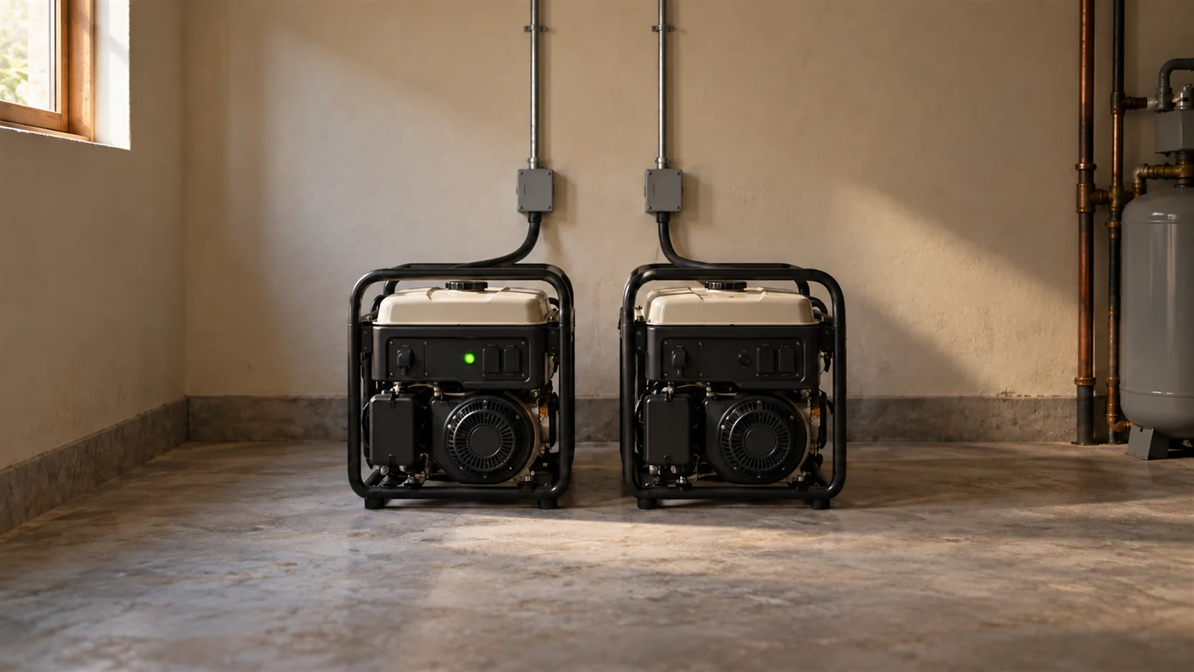 Two identical generators side by side in a plant room, one running with a green lamp lit and one on standby.