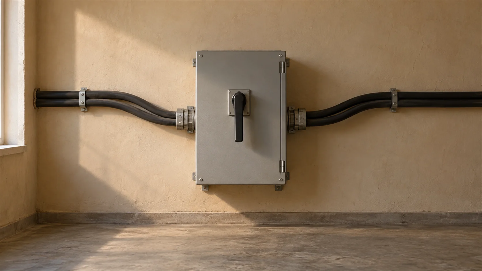 A transfer switch cabinet with two heavy cable feeds entering it from opposite sides.