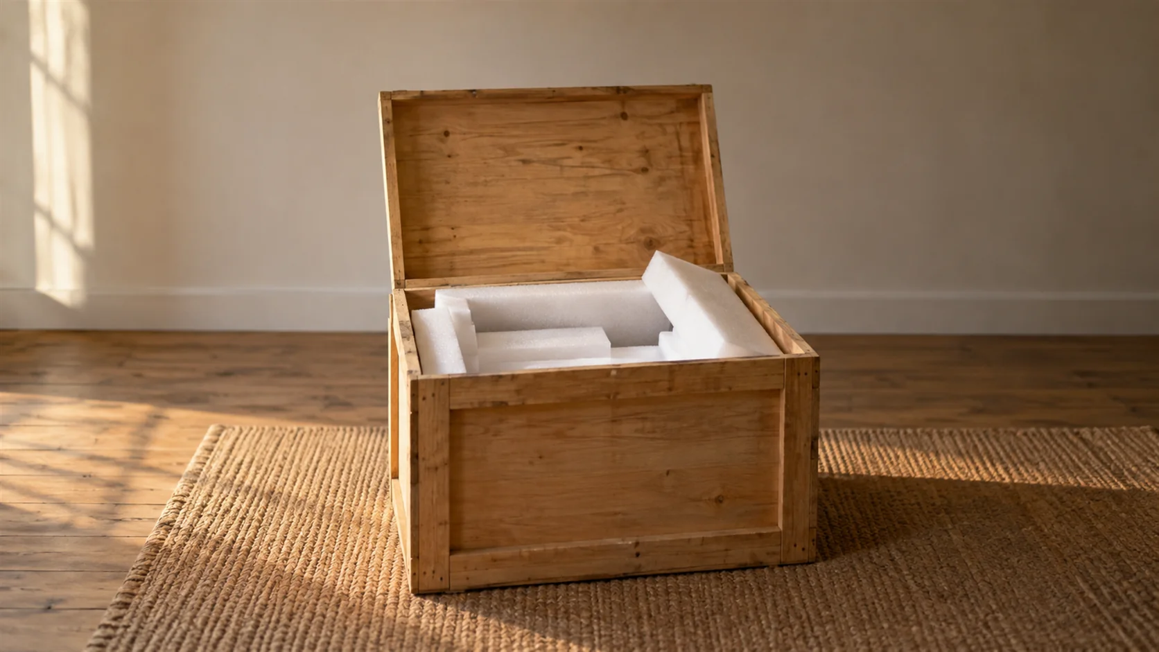 A shipping crate whose lid has been opened to show that the packing inside does not match the shape of the crate.