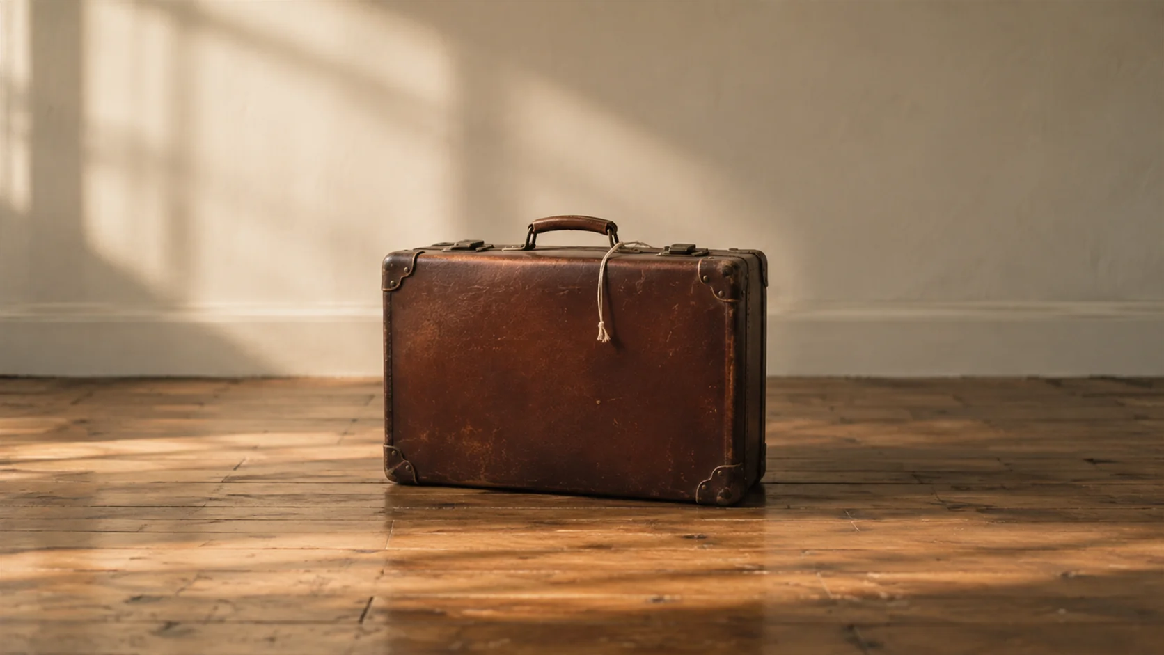 A luggage label tied to a case, torn across so only the string remains.