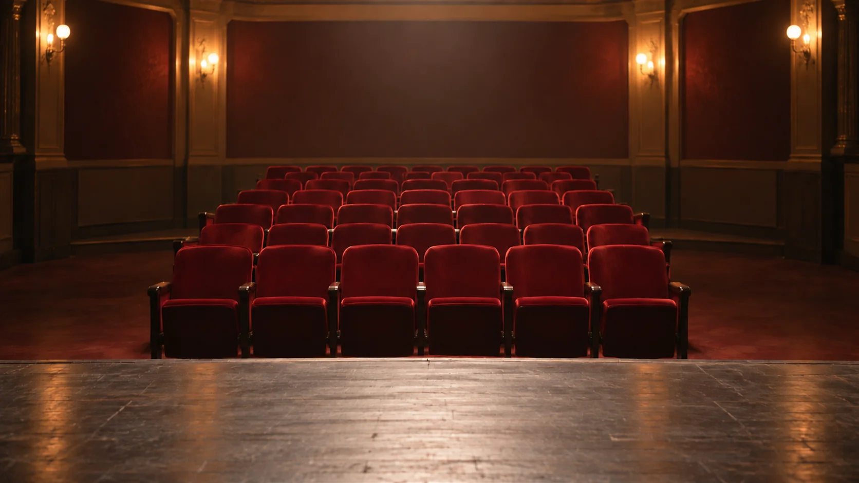 A row of empty red theatre seats photographed from the stage.