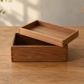 A plain removable wooden tray fits inside a larger open storage box on a table.