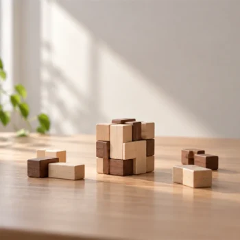 Small interlocking wooden blocks form a practice structure beside loose pieces on a desk.