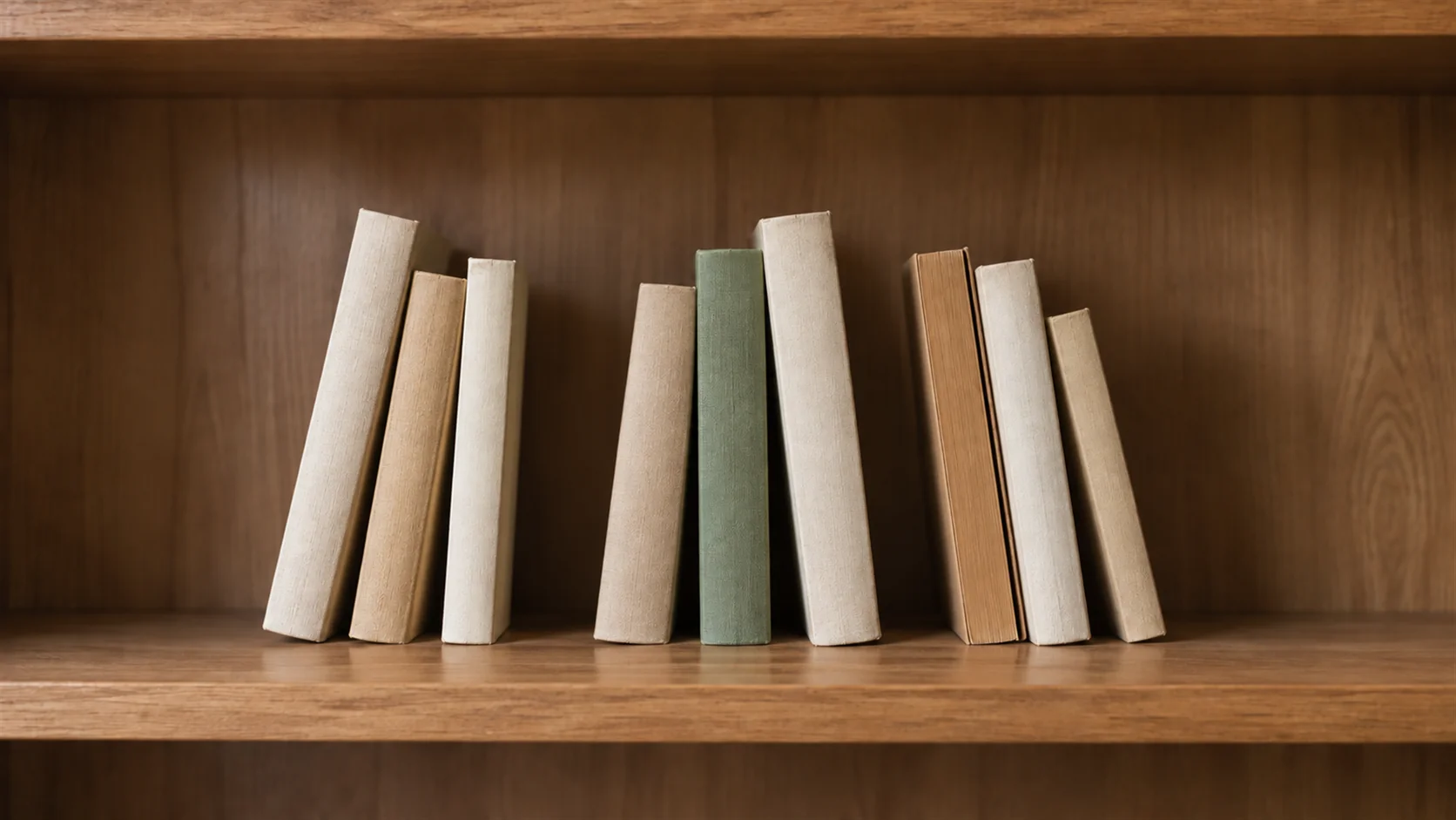 A bookshelf where the books lean at uneven angles with gaps of different widths between them.