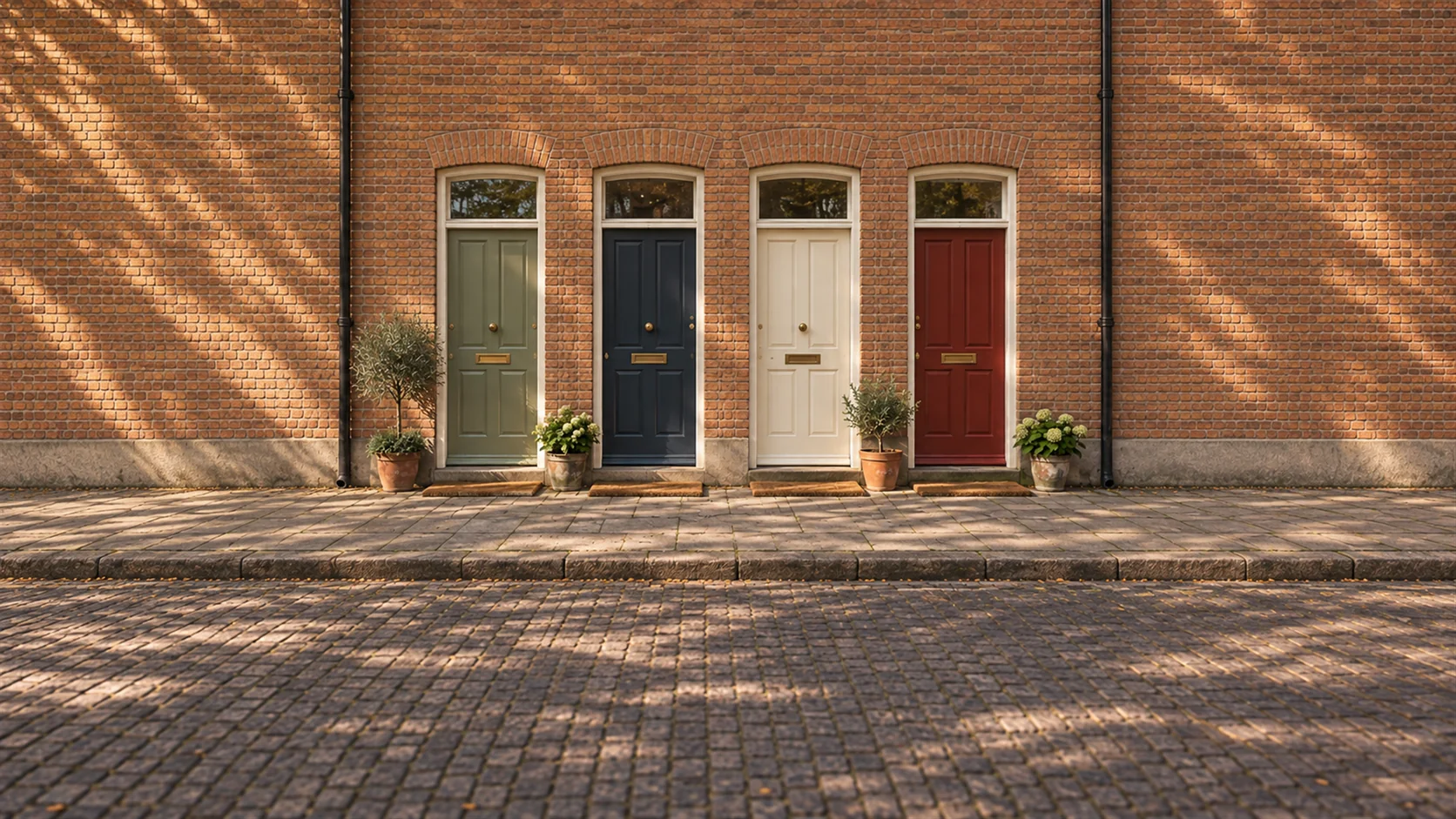A single brick building with four separate front doors in a row along the pavement, each with its own doormat and letter slot.