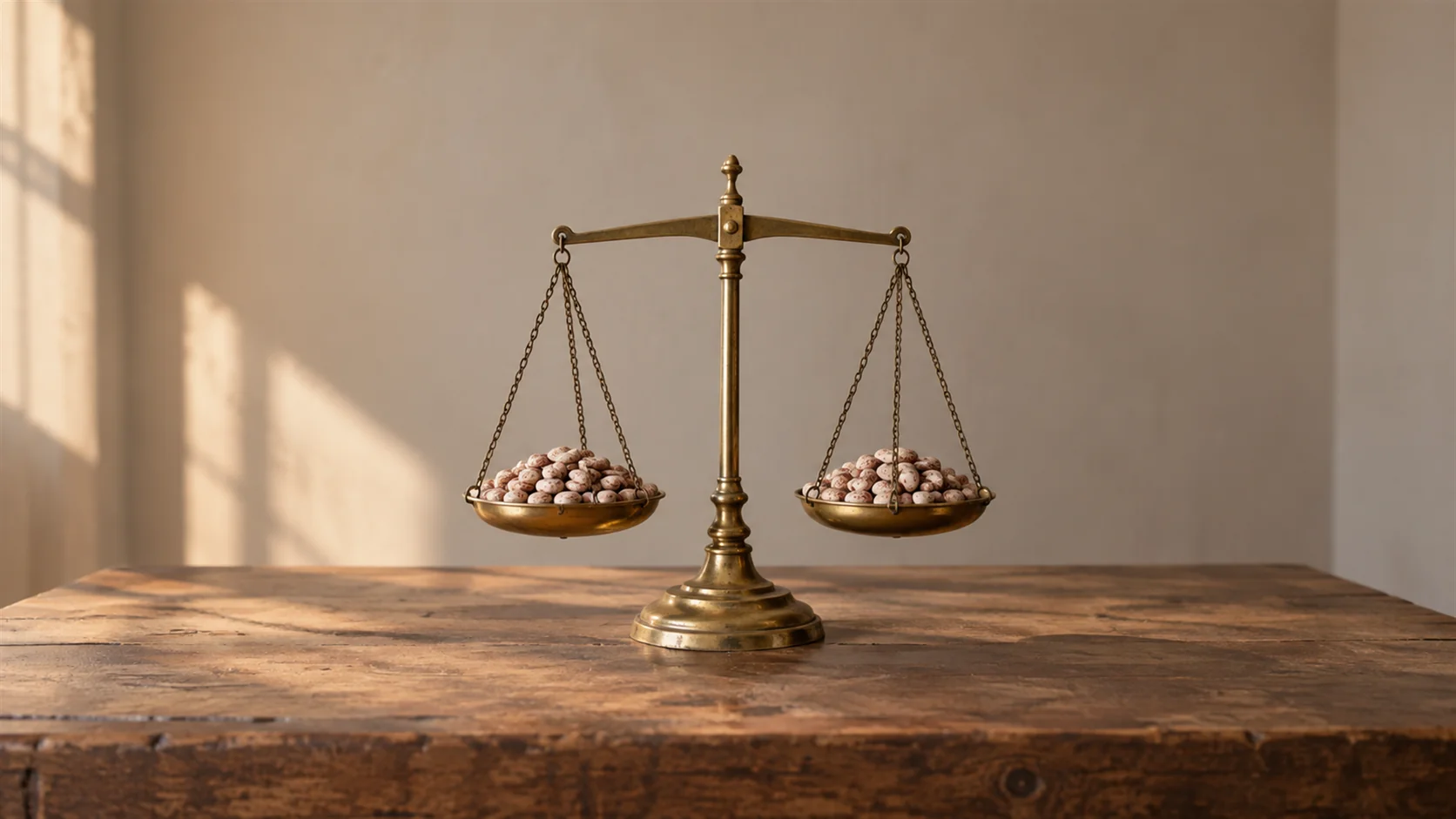 A brass balance scale with two pans holding equal piles of dried beans.
