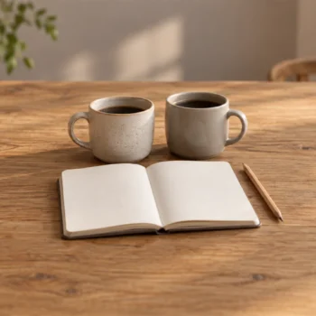 Two plain ceramic mugs beside an open blank notebook and pencil on a quiet wooden table.