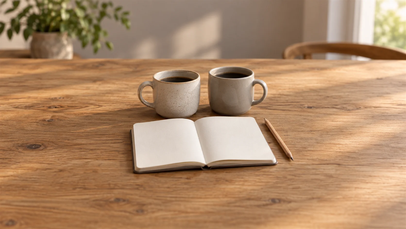 Two plain ceramic mugs beside an open blank notebook and pencil on a quiet wooden table.