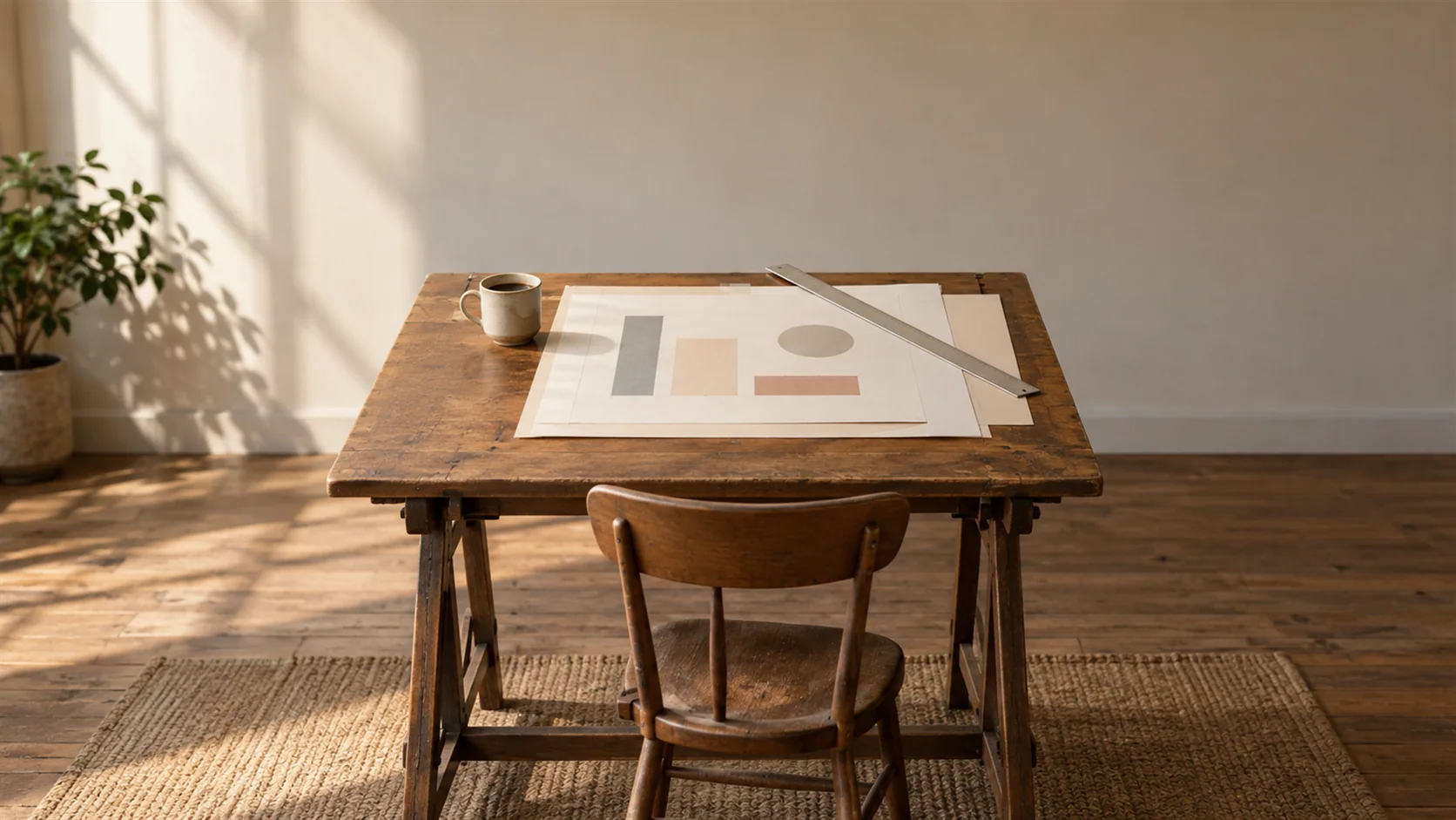 A drafting table with hand-drawn paper charts, a ruler and a cup of coffee, the charts too small to read.