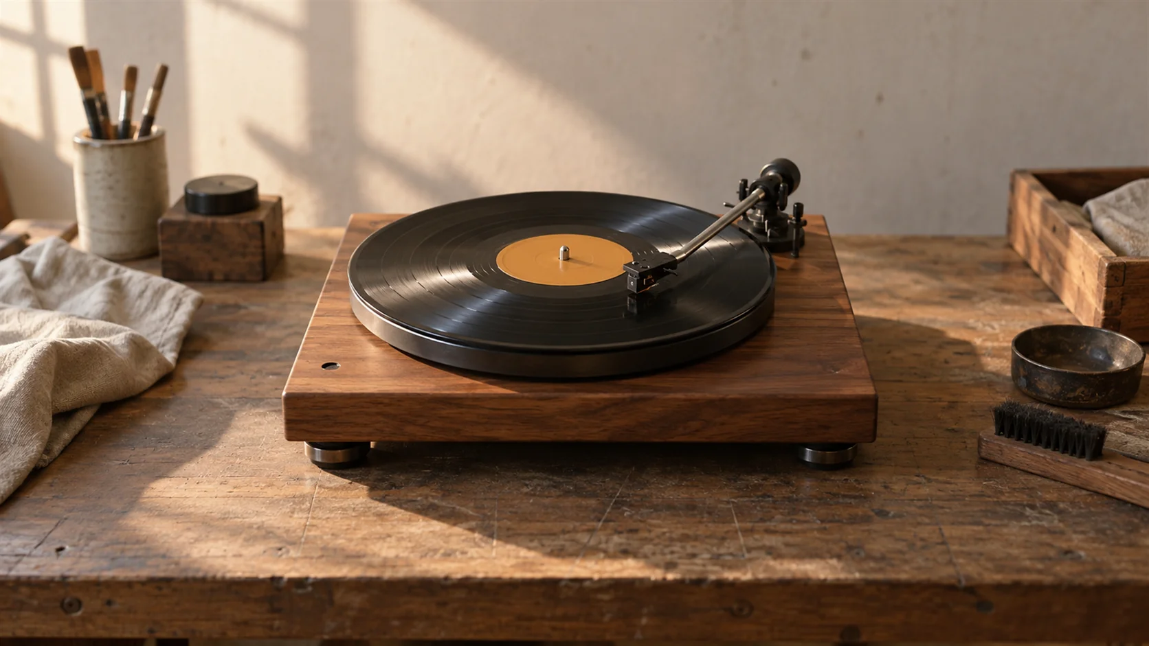 A vinyl record turning on a turntable with the needle resting in the run-out groove.
