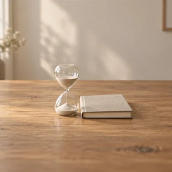 A simple hourglass rests beside a closed plain notebook on a softly lit wooden desk.