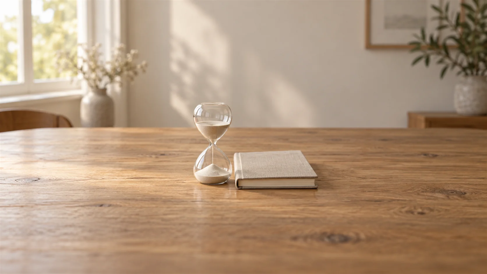 A simple hourglass rests beside a closed plain notebook on a softly lit wooden desk.