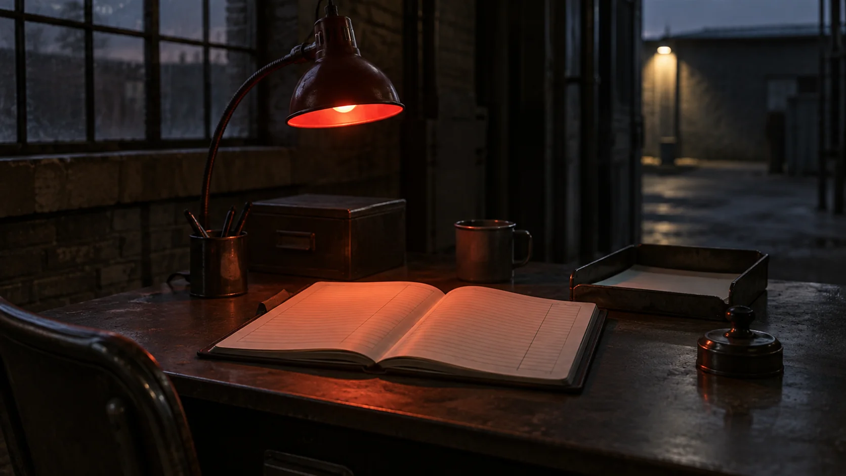 A night watchman's ruled logbook lying open on a desk under a single red lamp, the pages blank.