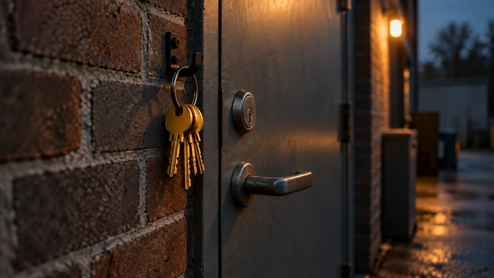 A ring of unlabelled brass keys hanging on a hook beside a closed steel door.