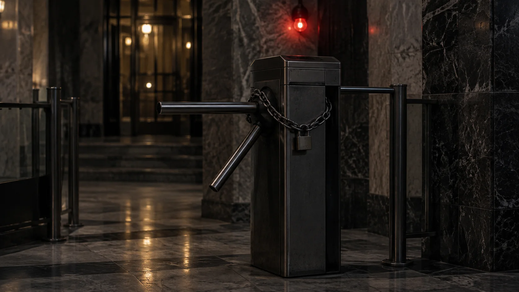 A turnstile in a dim marble lobby with a chain looped through its arms, one red bulb burning above it.