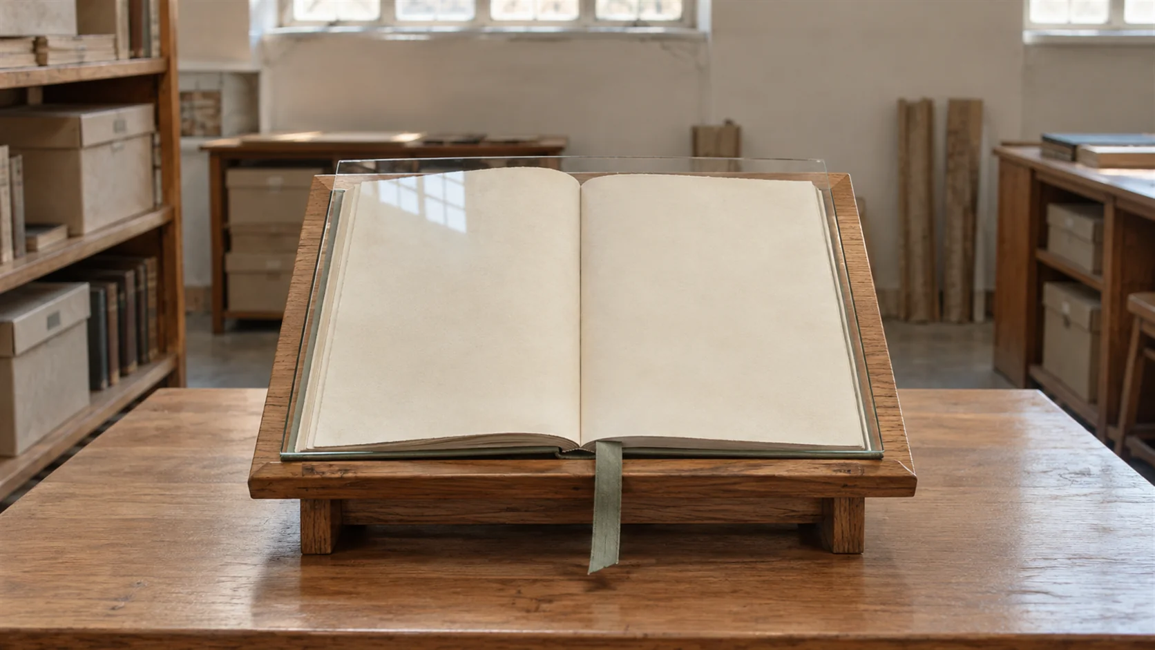 An open ledger on a reading stand with a thin sheet of glass laid over the pages.