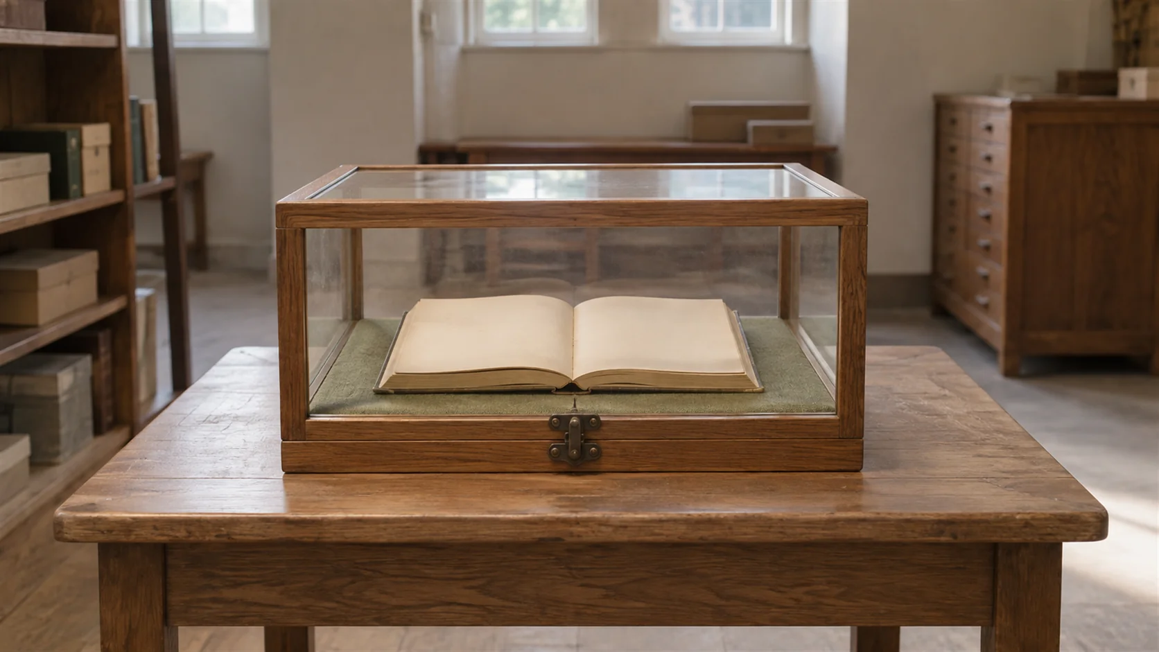 A glass museum case closed over an open book, the latch turned.