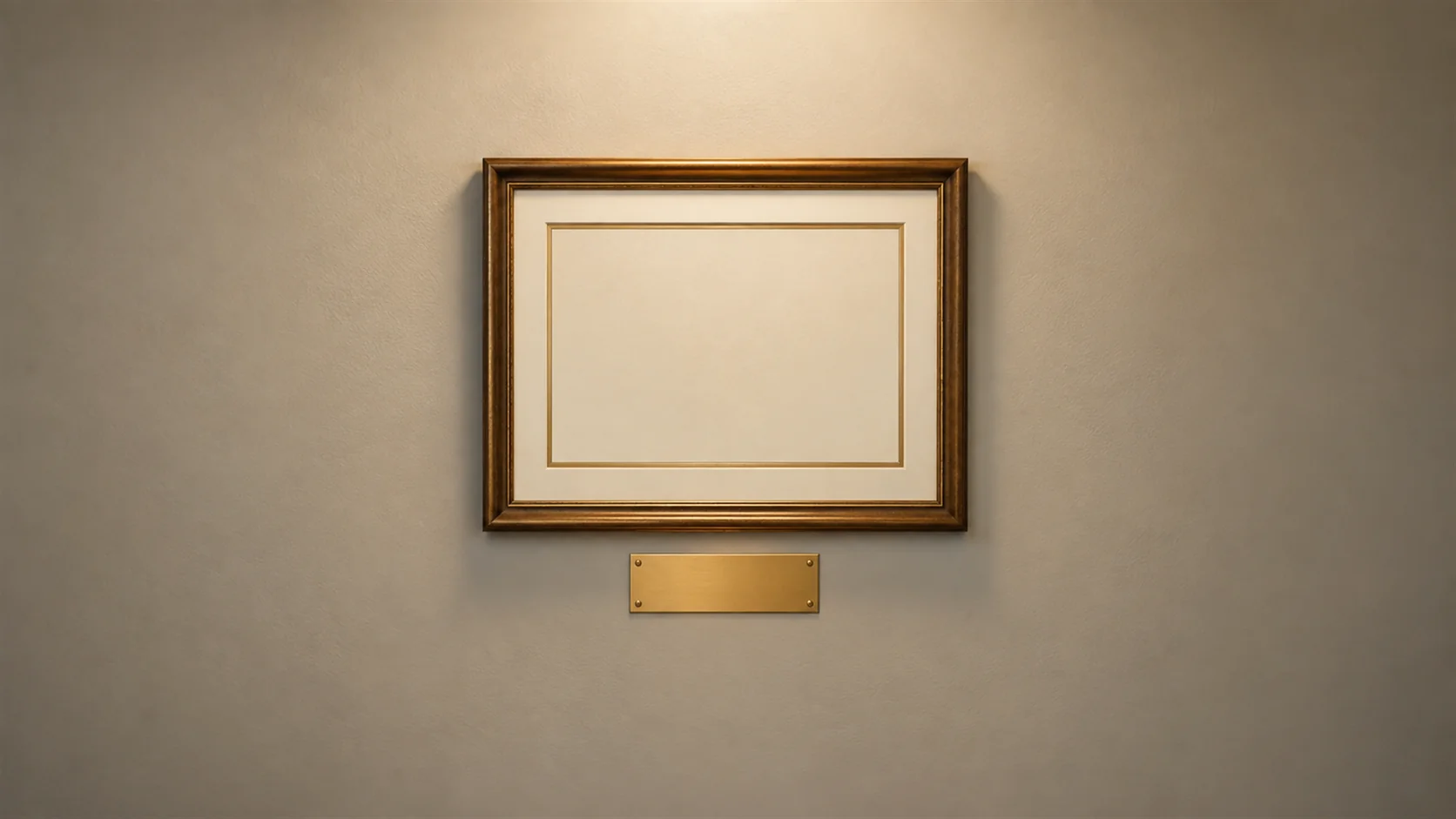 A framed certificate on an office wall with a small brass plaque mounted underneath it.