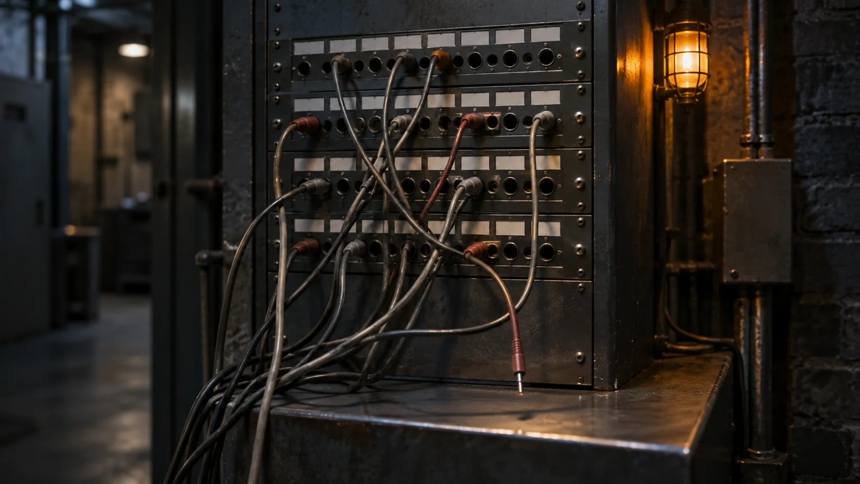 A telephone patch panel where the cables have been plugged in out of order, one cable end hanging free.