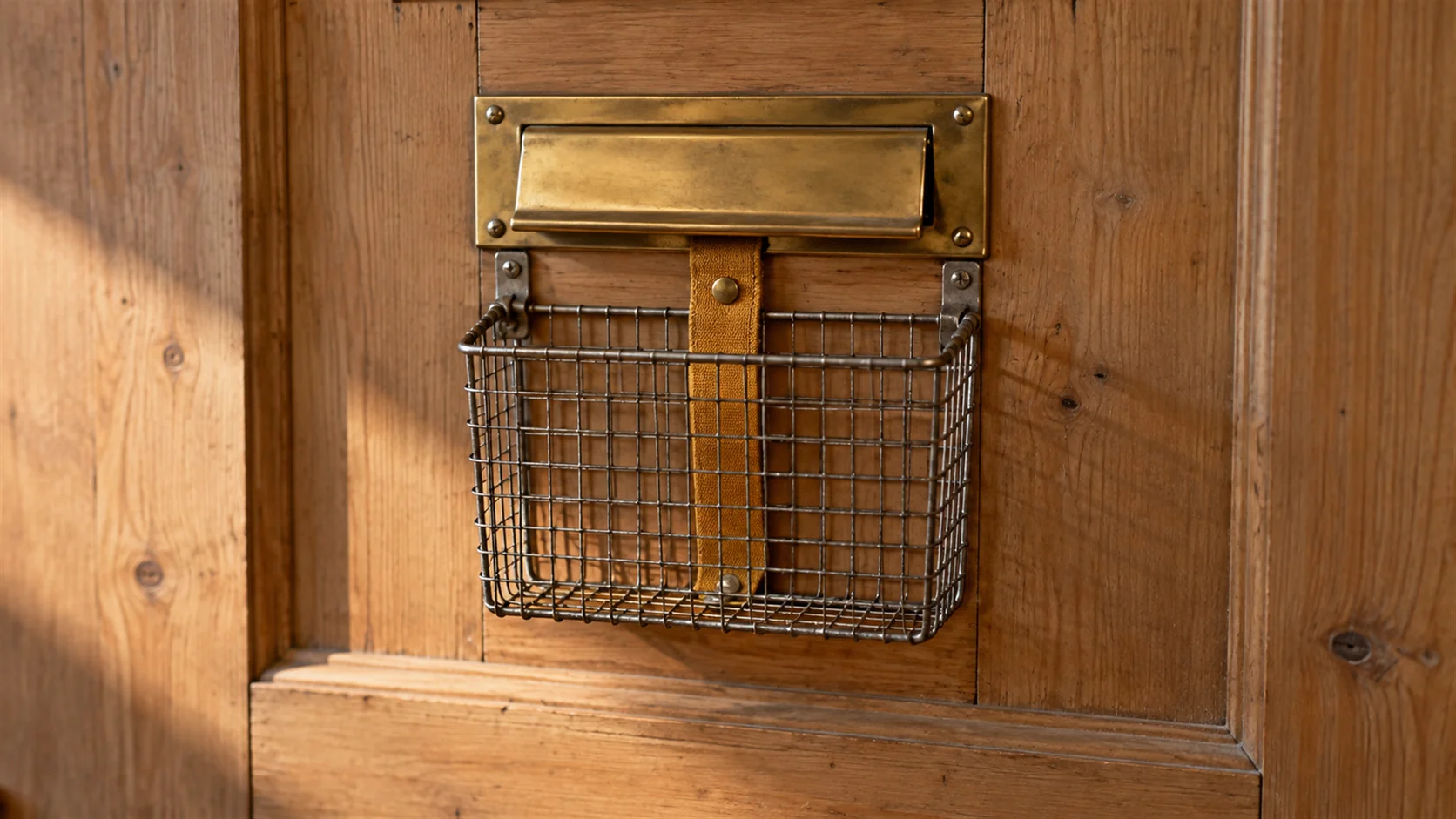 A letter slot seen from inside a front door, with a fine metal cage fitted behind it.