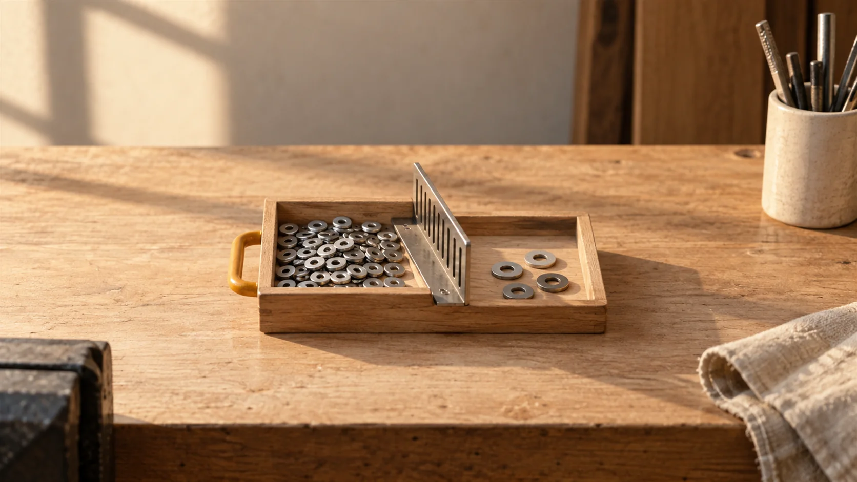 A sorting tray where loose items pass through a narrow slotted guard onto a clean surface.