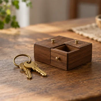 A brass key ring beside a small wooden compartment box with one open section on a table.