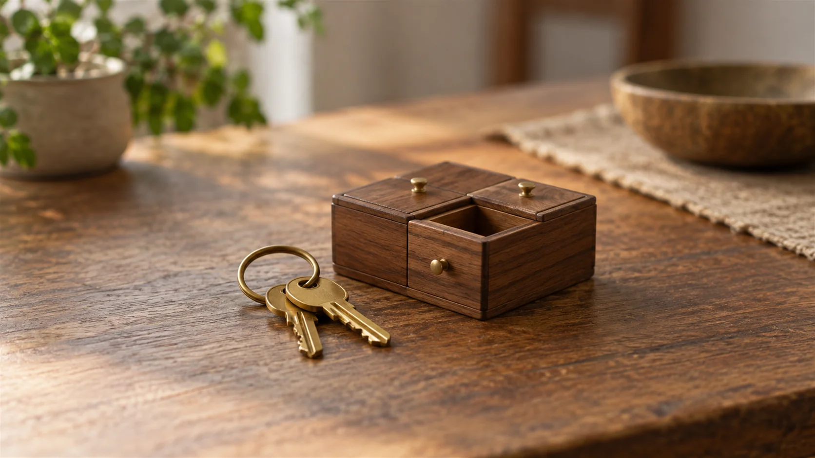 A brass key ring beside a small wooden compartment box with one open section on a table.