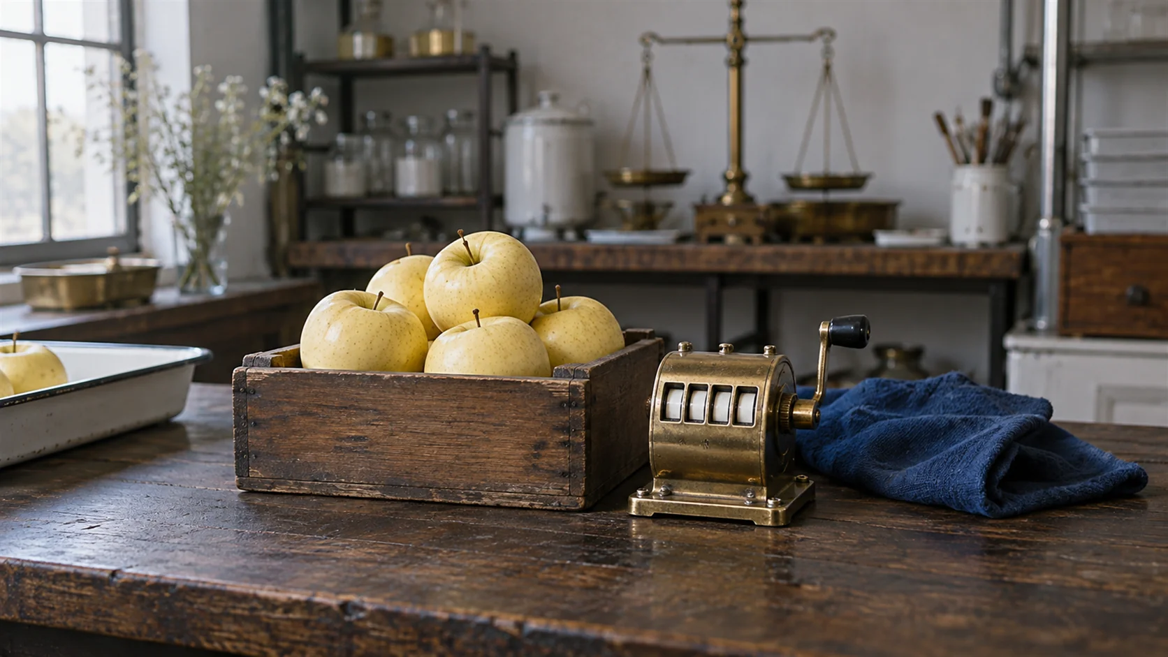 A wooden crate of apples at a market stall beside a small brass hand counter on the counter top.