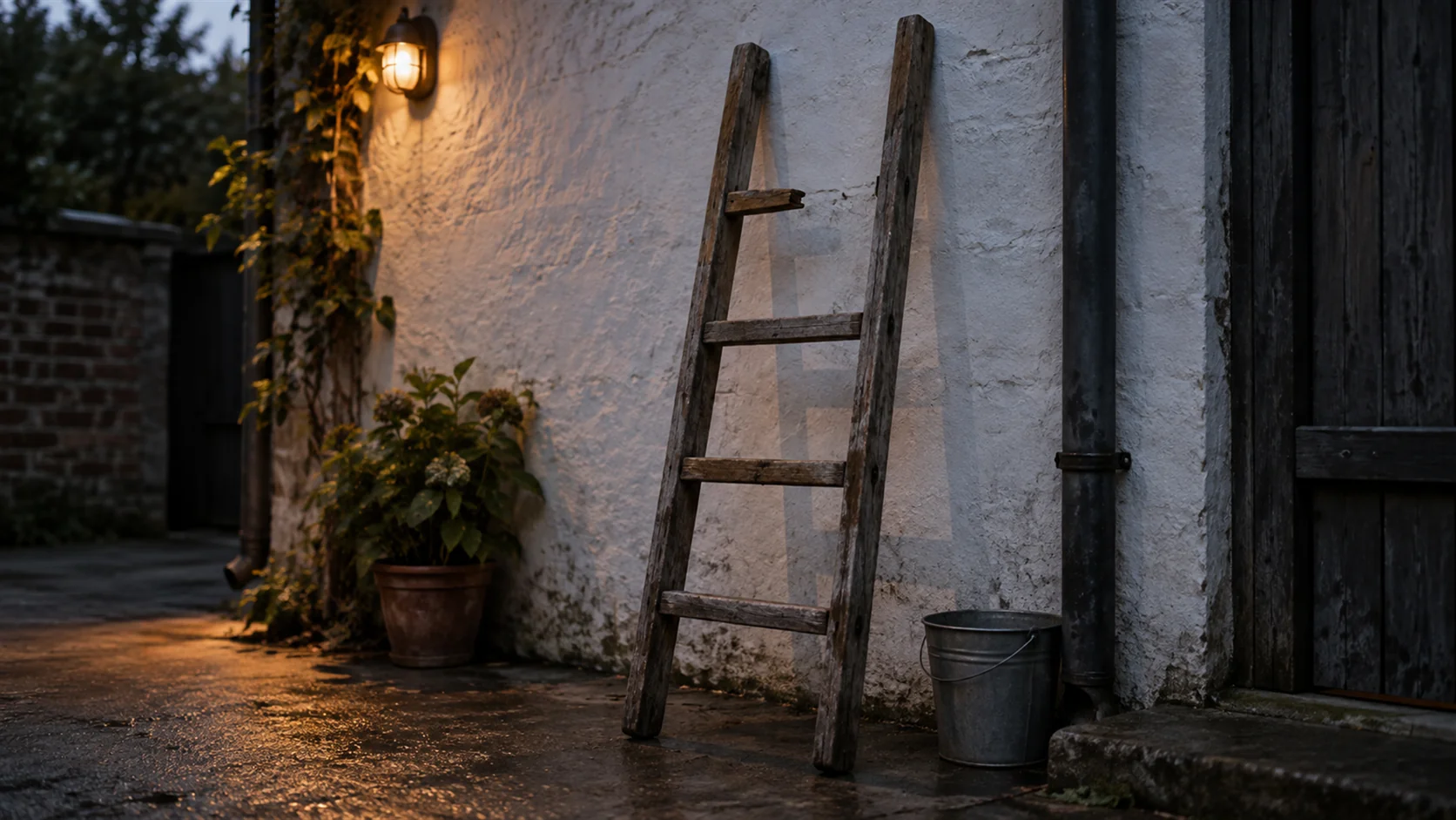 A wooden ladder leaning against a whitewashed wall with one rung missing near the top.